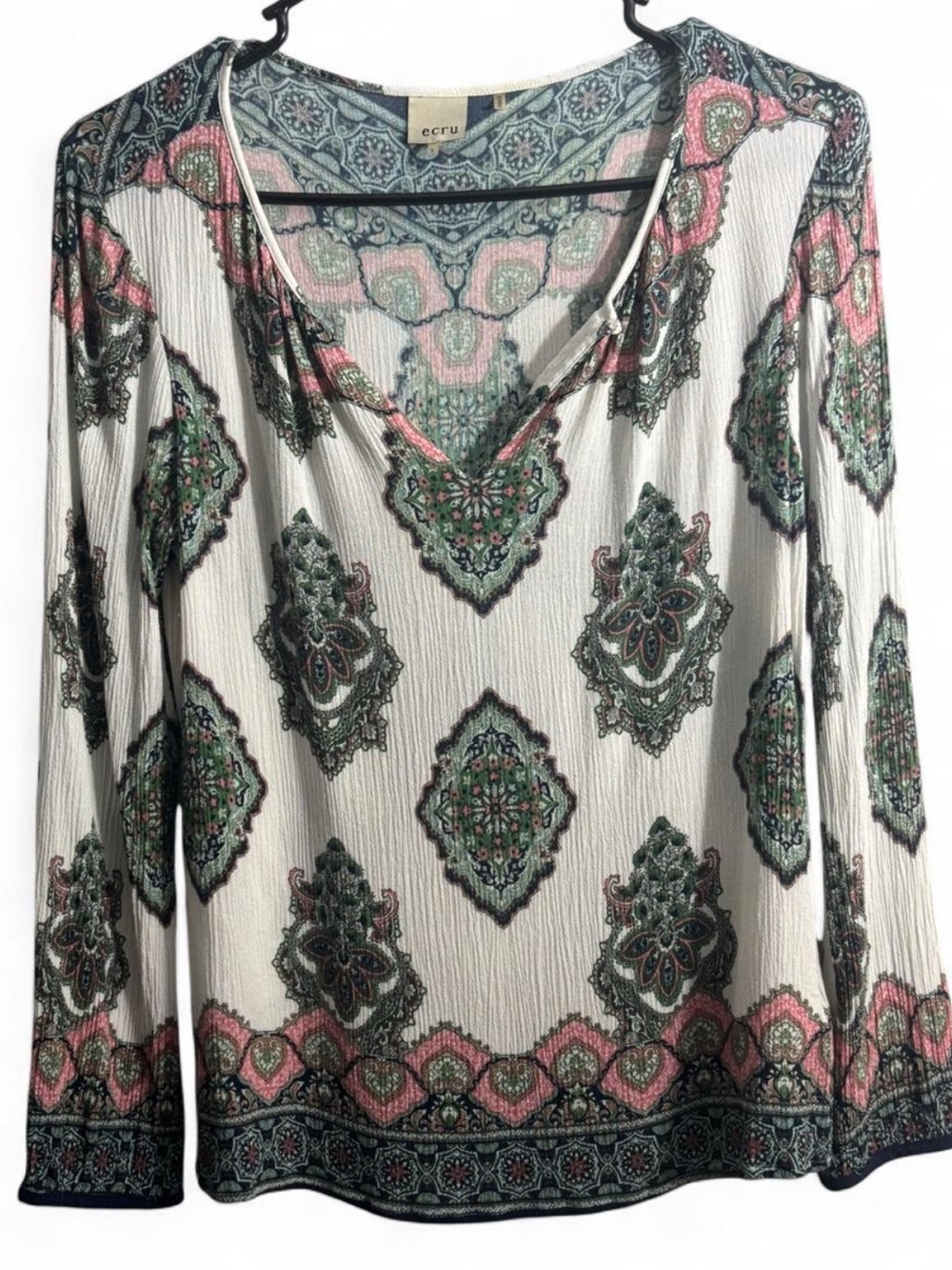 Ecru Paisley Bohemian V Neck Long Sleeve Light Blouse Small 100% Viscous